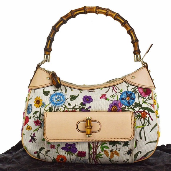 GUCCI Logo Flora Bamboo Hand Bag Canvas Leather Ivory Beige Italy